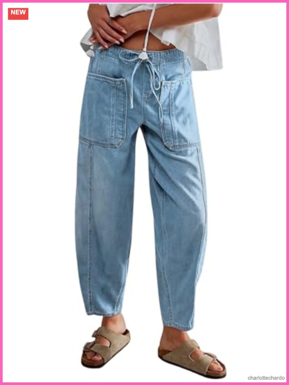 Barrel Jeans for Women Elastic Drawstring Waist Baggy Wide Leg Denim Pants